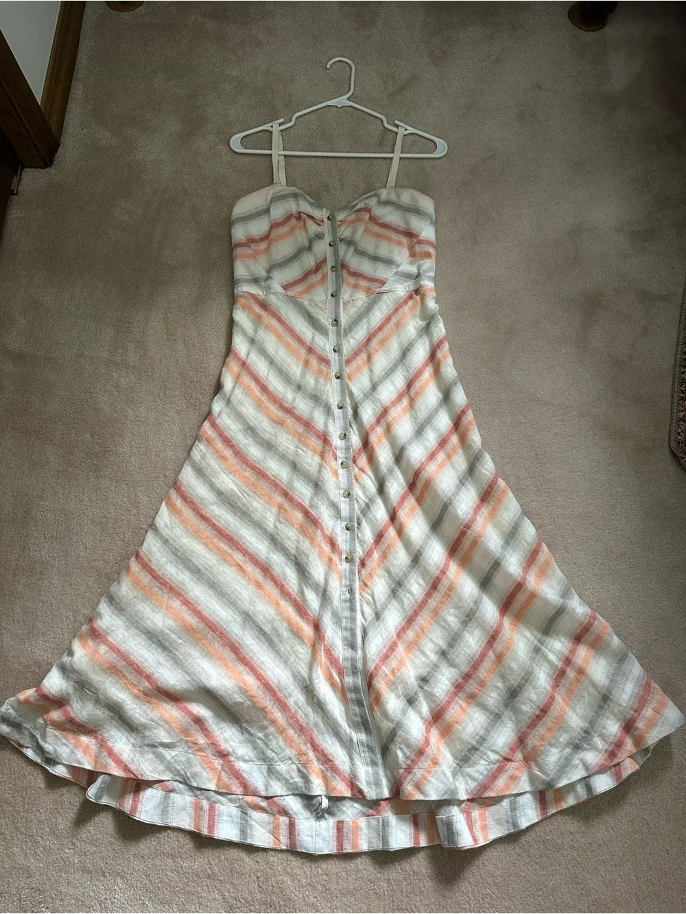 Free People Striped Button-Front Midi  Sundress in Cream, Coral, and Gray